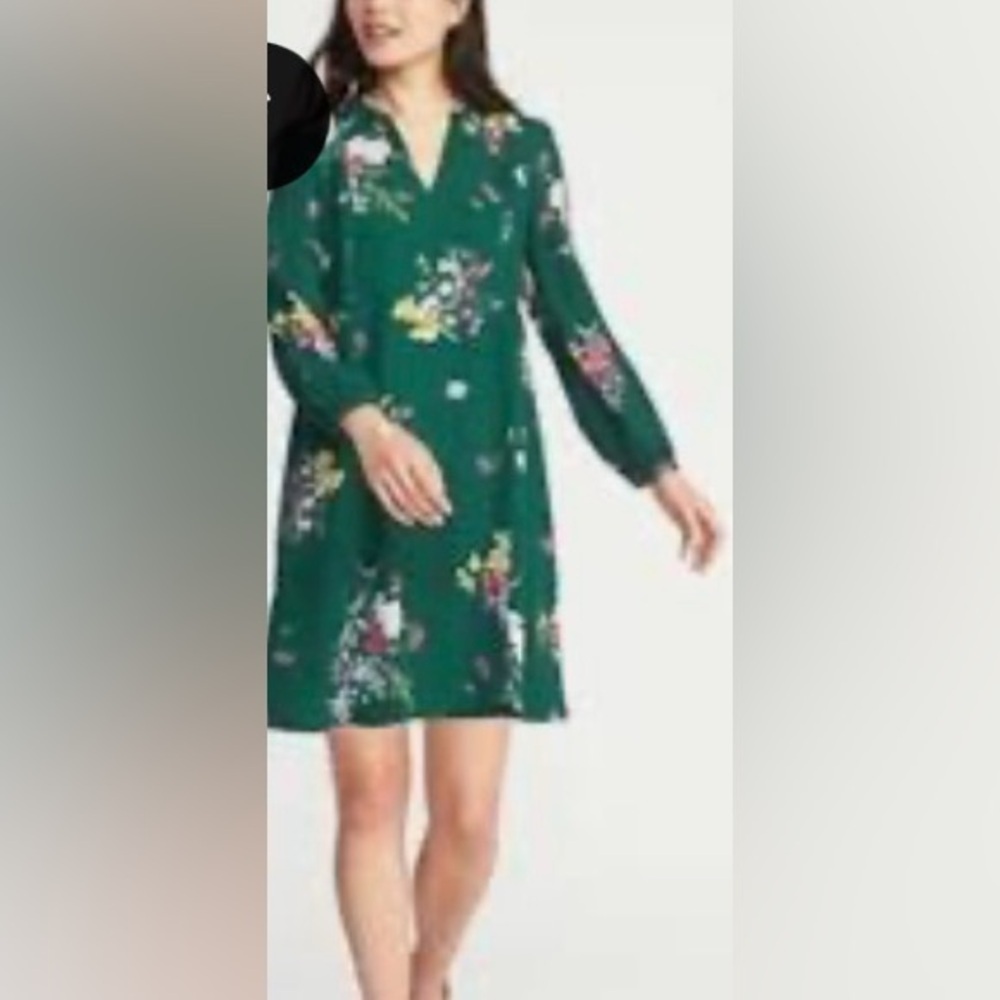 Old Navy Dress Womens Size M Green Floral Lightweight Long Sleeve Above The Knee